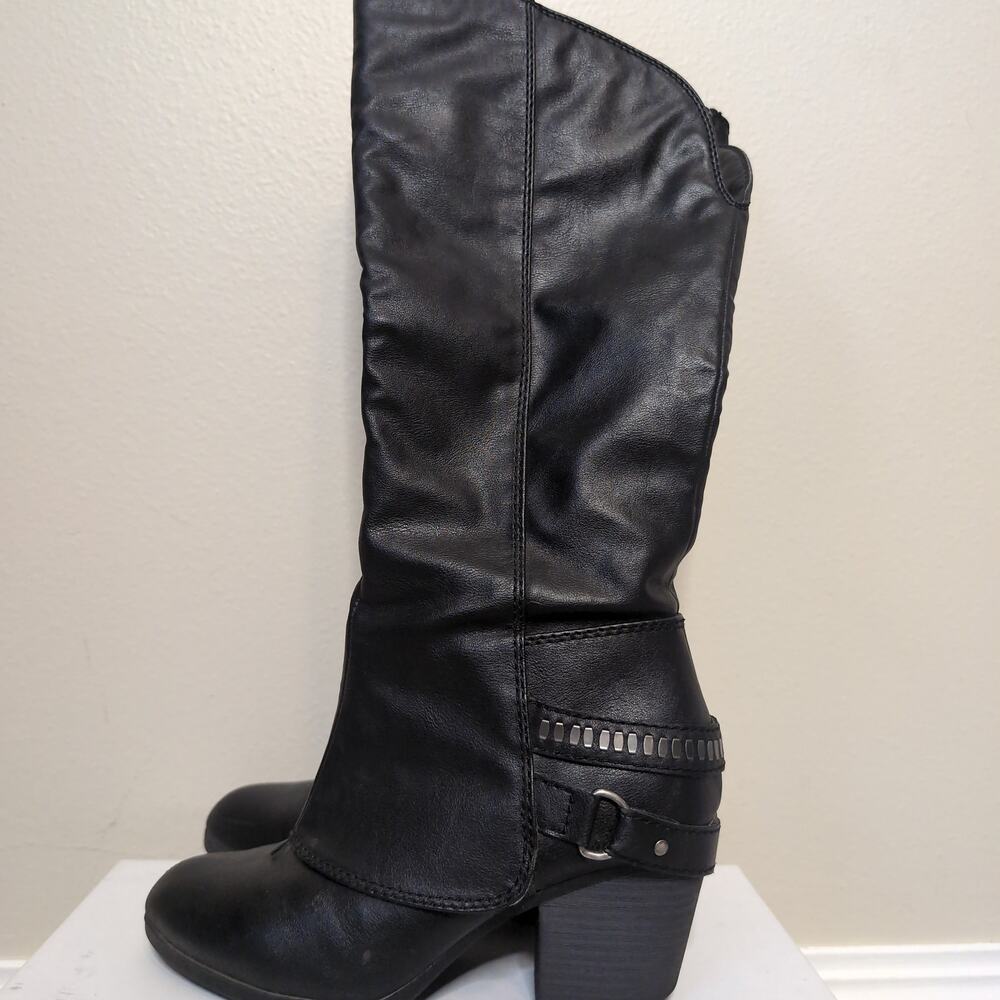 Faux Leather Knee High Studded Harness Boots